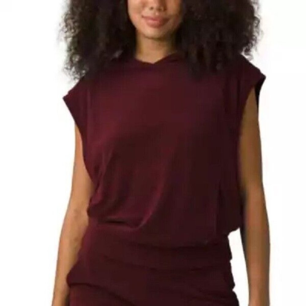 prAna Anillio Active Wear Top Womens Large Maroon Terry Cloth Sleeveless Hoodie